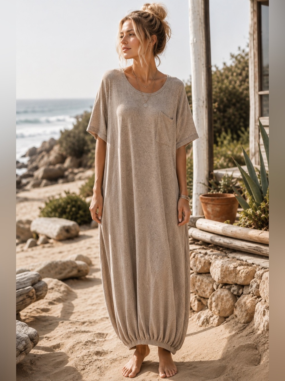 Free People Beach Oversized Taupe Linen Blend Maxi T-Shirt Dress Large